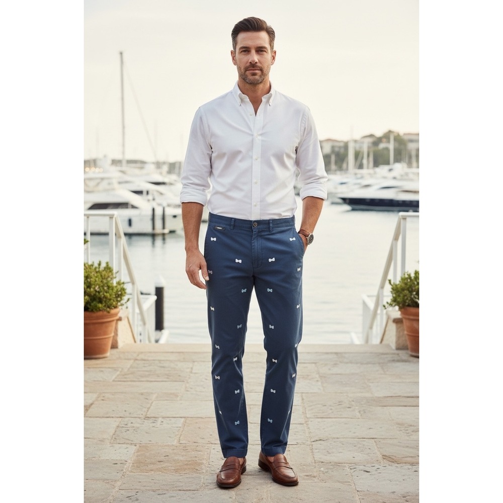 Alan Flusser Mens Navy Blue Embroidered Bow Tie Chino Pants Size 38 Straight Leg